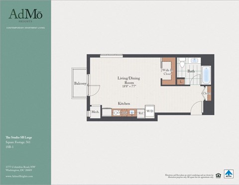 Floor plan for studio, 1 bath, 561 sqft